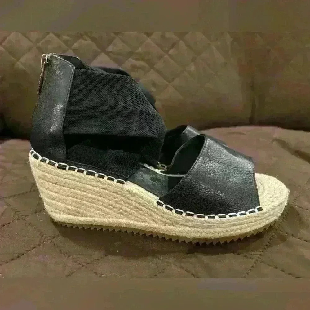 Eileen Fisher Wiley Sandals Shoes 6 Black Leather Zip Up Wedge Knot Espadrille - Picture 8 of 10